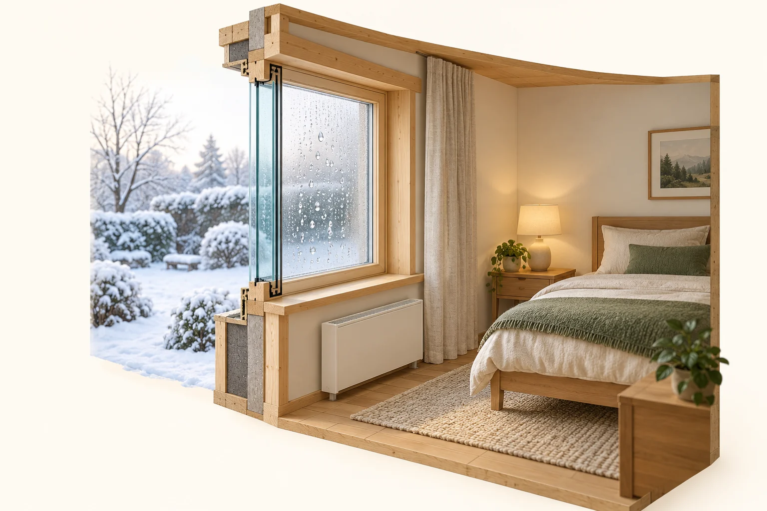 Illustrated bedroom and window cutaway showing droplets on the glass and a snowy garden outside