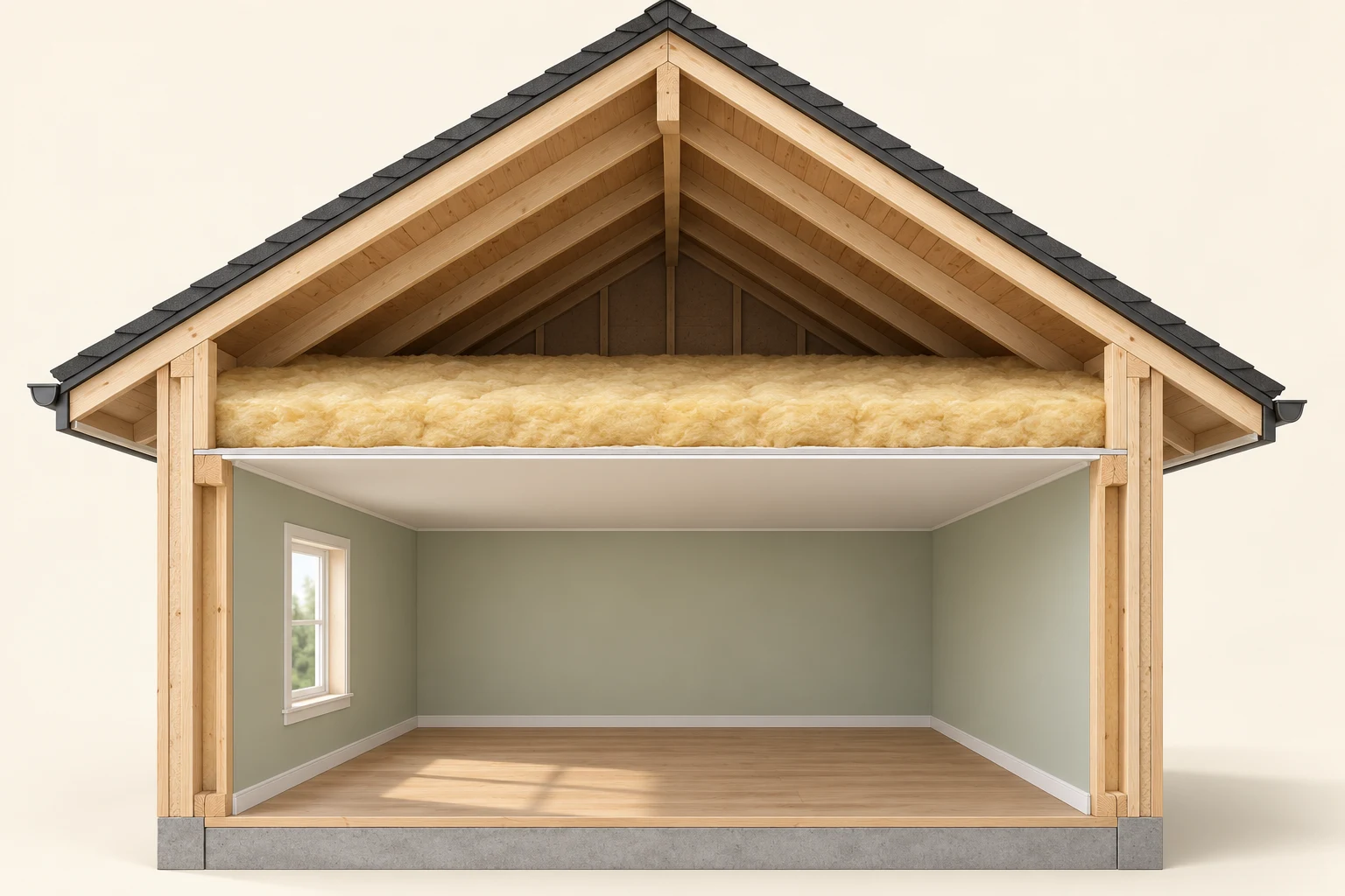 Conceptual roof and attic cutaway showing framing and layered parts.