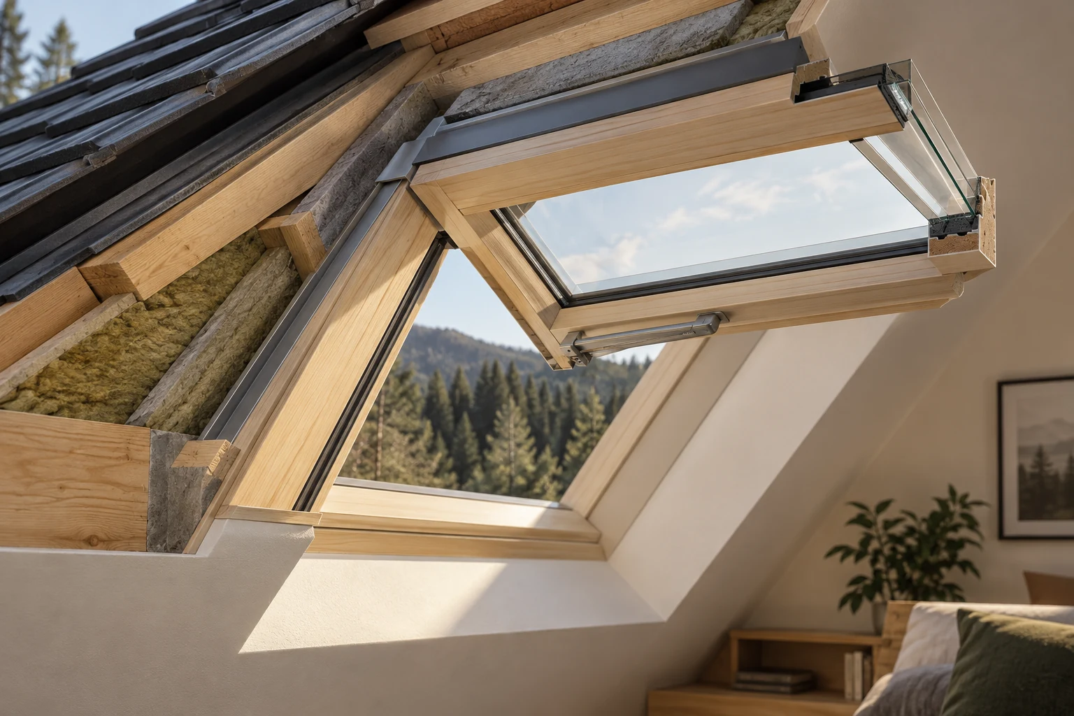 Oblique roof-window section with a raised glazed sash, fixed frame, dark contact edge, mechanical hardware and a small cutaway at the glazing corner.