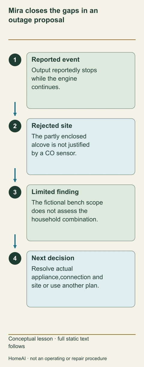 A fictional decision timeline separates a reported event, rejected enclosure, limited bench result and remaining appliance/site assessment.