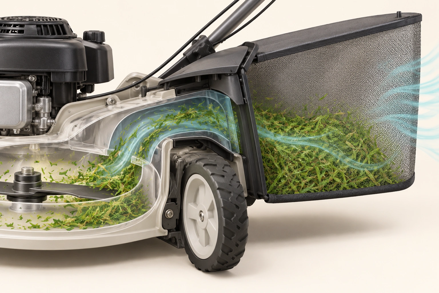 A rear-deck concept shows a connected passage into a fabric bag with retained green clippings.