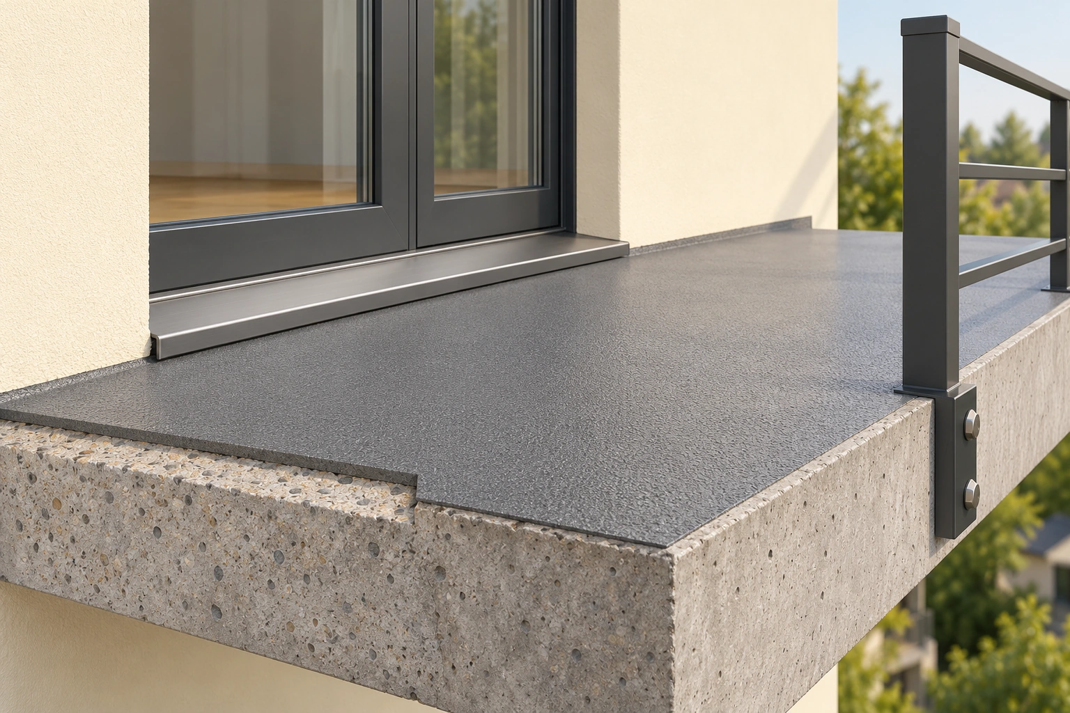 The sill, surface and guard have different jobs. The sill, protective walking-surface layer and guard connection meet near the same balcony edge but serve different jobs. Their concealed continuity and attachment design need actual records and a defined assessment.