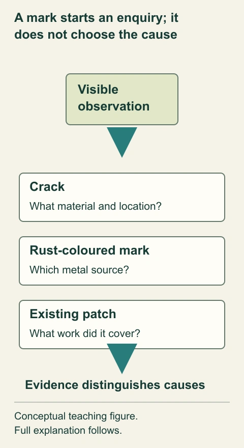 A mark starts an enquiry; it does not choose the cause. Crack, rust-coloured mark and patch observations lead to different location, source and work-history questions. The diagram deliberately supplies no arrow directly from appearance to diagnosis.