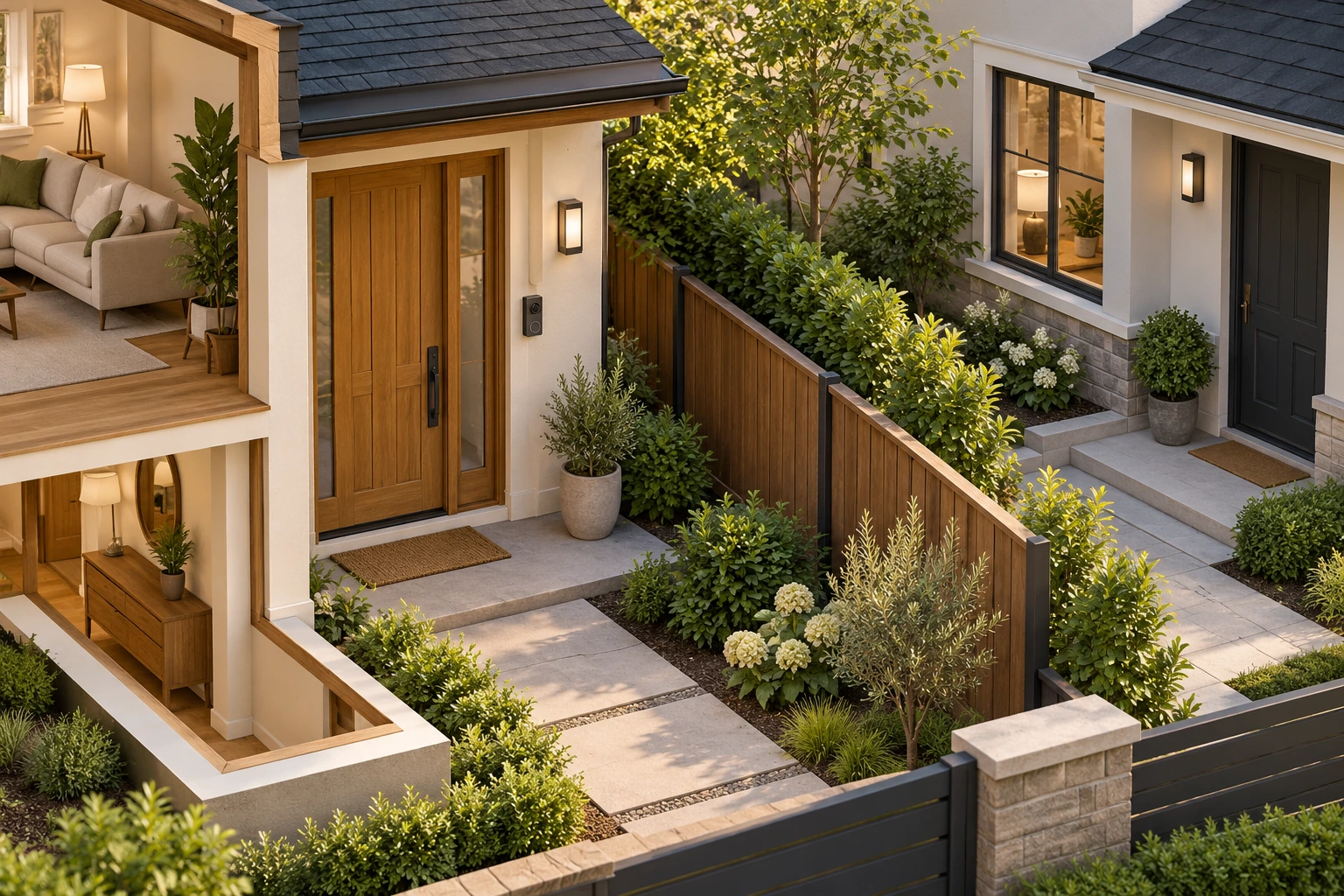 A nearby neighbour creates a camera-view question. A small camera sits beside one entrance, with a separate neighbouring window and entrance beyond the dividing fence. These physical relationships show why the buyer should ask about the actual intended view and authorized controls rather than infer recording from the housing alone.