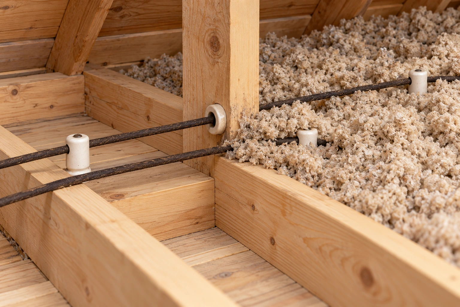 Illustrative attic framing with recognizable knob-and-tube conductors partly surrounded by loose-fill insulation, showing the contact requiring professional assessment.