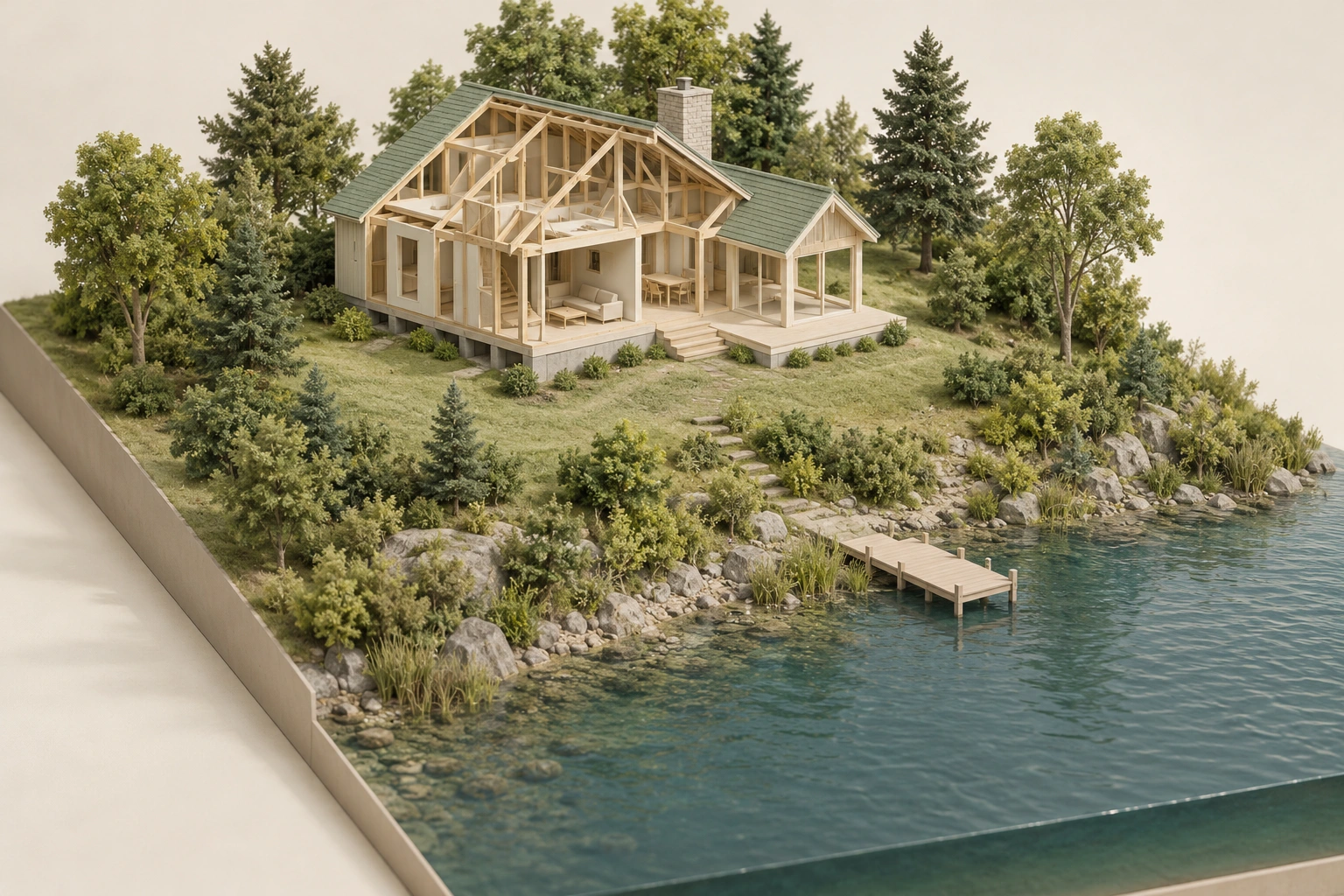 Home, vegetated lake bank, path and small dock in a terrain model; no parcel boundary, safe setback or water-access right.