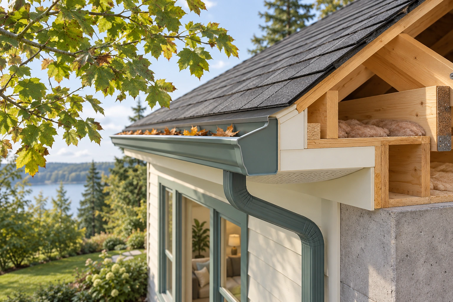 Branches and leaves sit near an intact eave and gutter in the teaching view. Some leaves are visible at the gutter, locating a water-route enquiry without establishing blockage or a permitted pruning response.