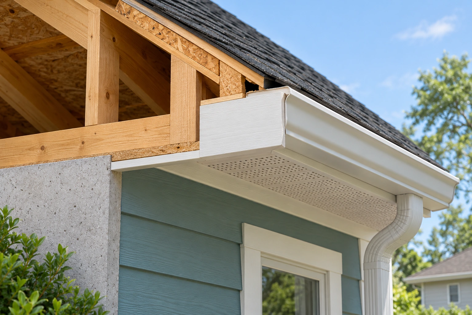 The skeletal roof edge separates covering, fascia, soffit and gutter around a conceptual junction. No animal is drawn; the opening helps locate a provider question rather than tracing an occupied route.