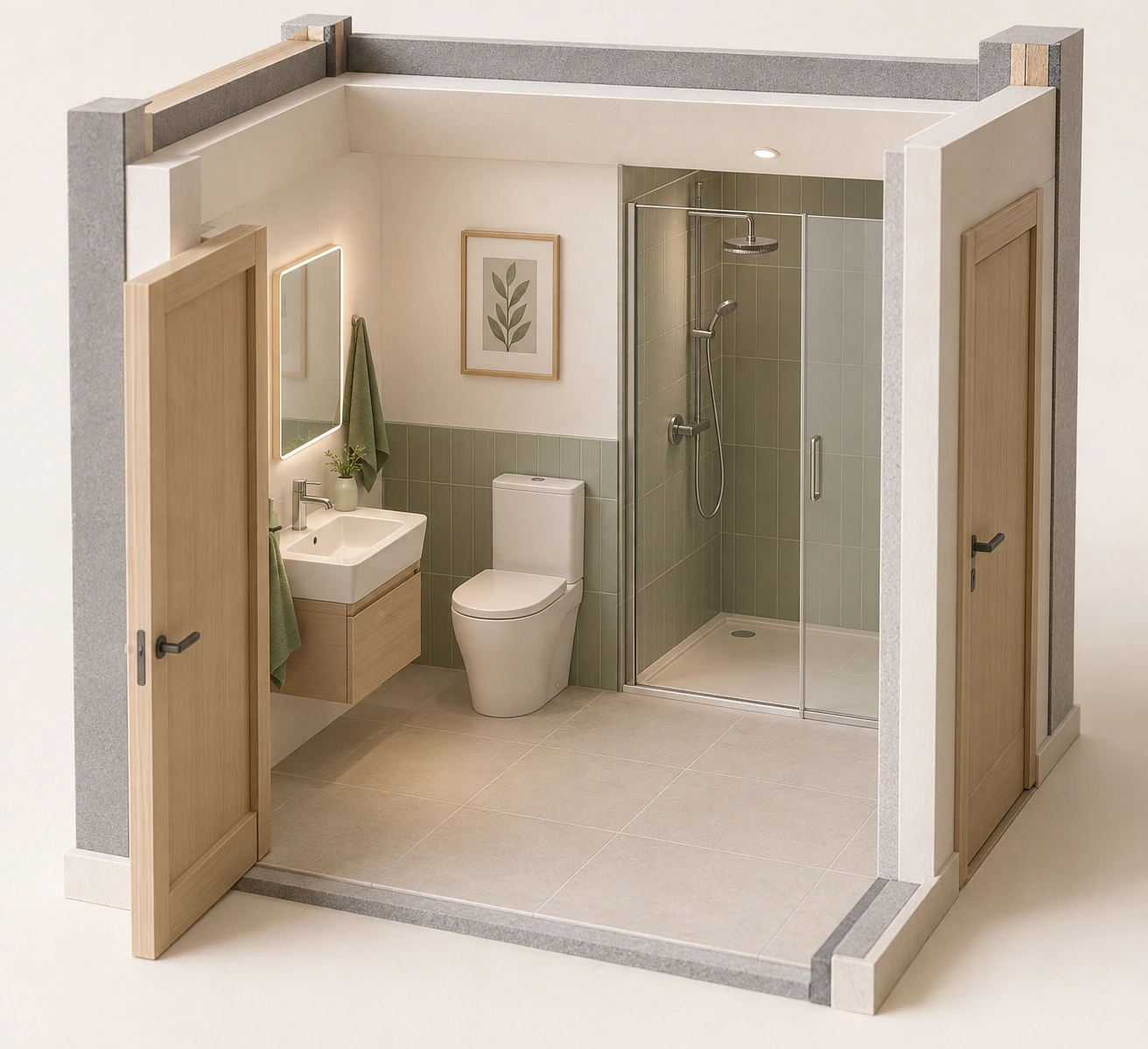 Toilet, basin and glass-enclosed low-threshold shower share a room; open foreground door and closed side door visible; no transfer-space or support-capacity finding.