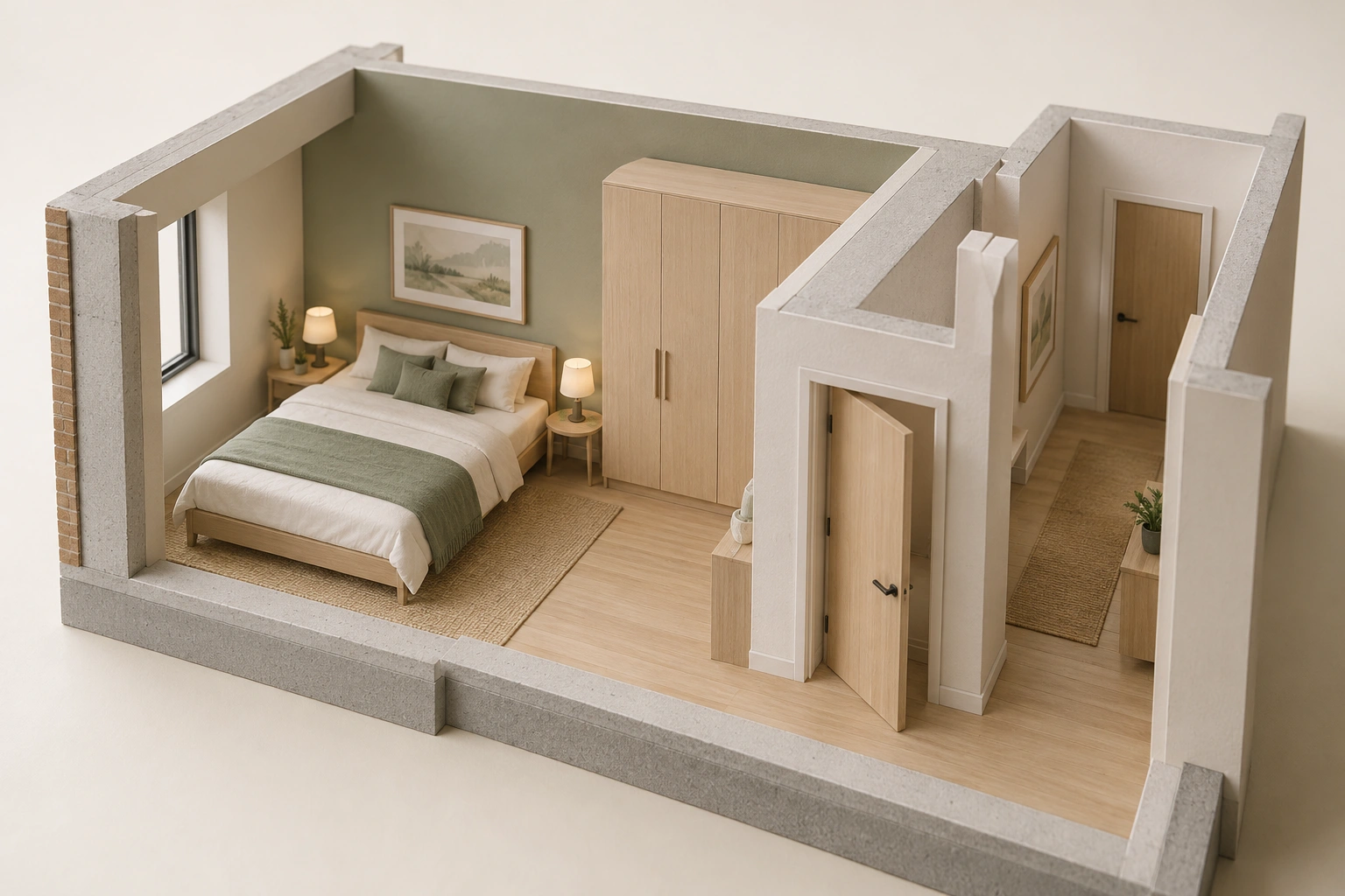 Bedroom with bed, wardrobe and door into adjacent hallway; closed door at hall end, no dimensions or route destination established.