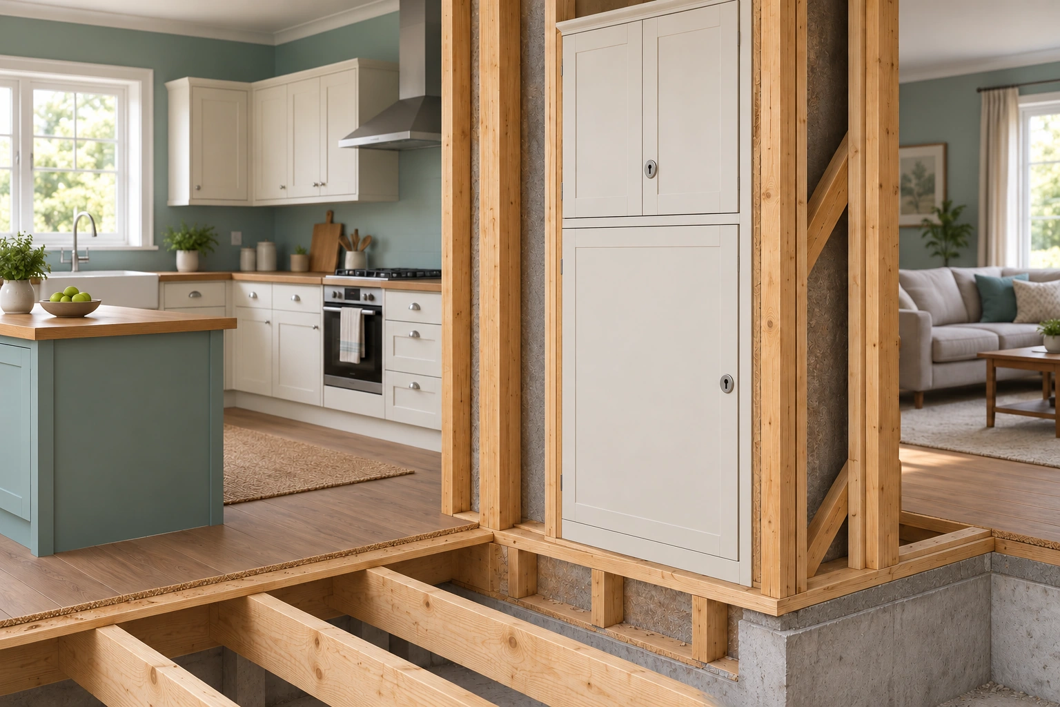 The cutaway shows two opaque closed cupboard doors with lock exteriors and no keys visible; contents remain concealed.