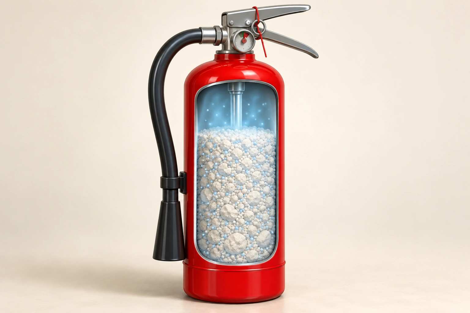 A conceptual red extinguisher shows coarse powder-like particles and blue gas marks through an illustrative window.